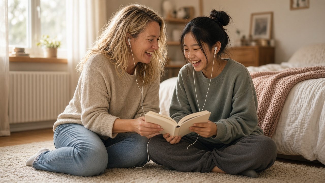 A mother and her tween daughter share earbuds and a book