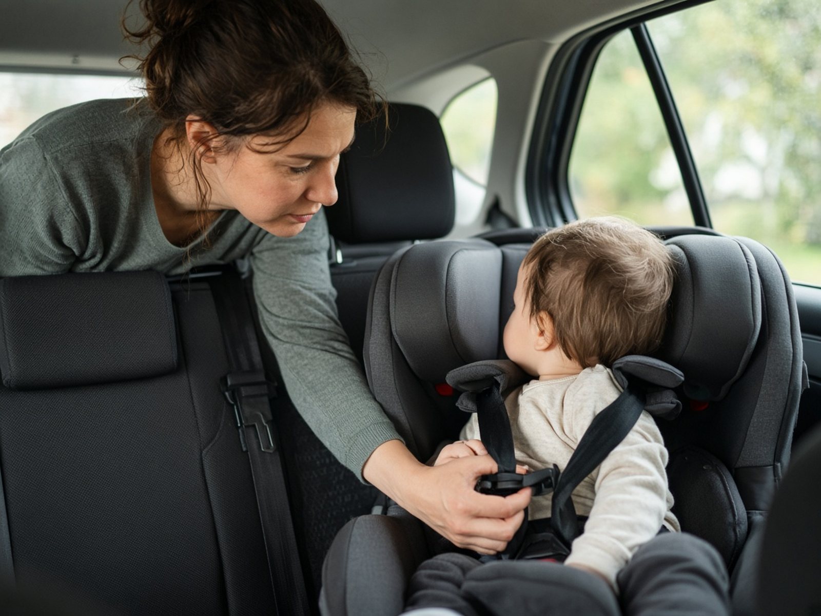 A mother leans into the back seat to check the harness straps on her toddler's car seat