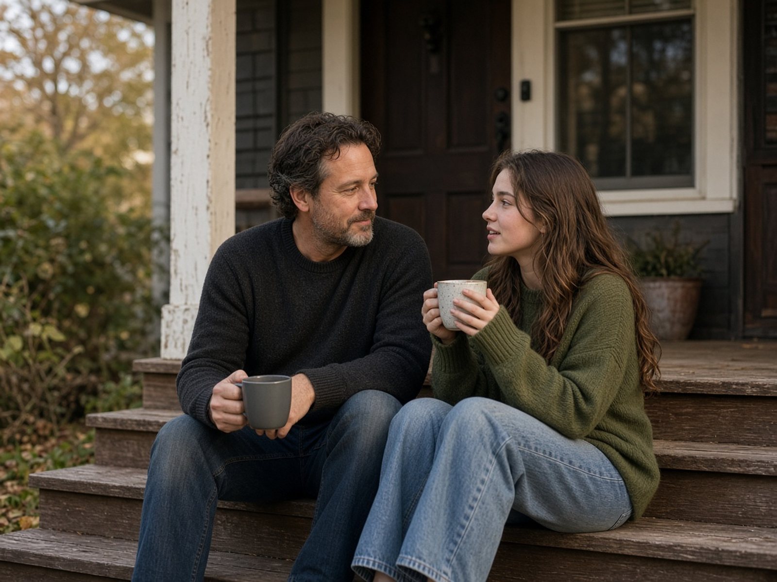 A father and his teenage daughter talk over mugs on the front porch steps