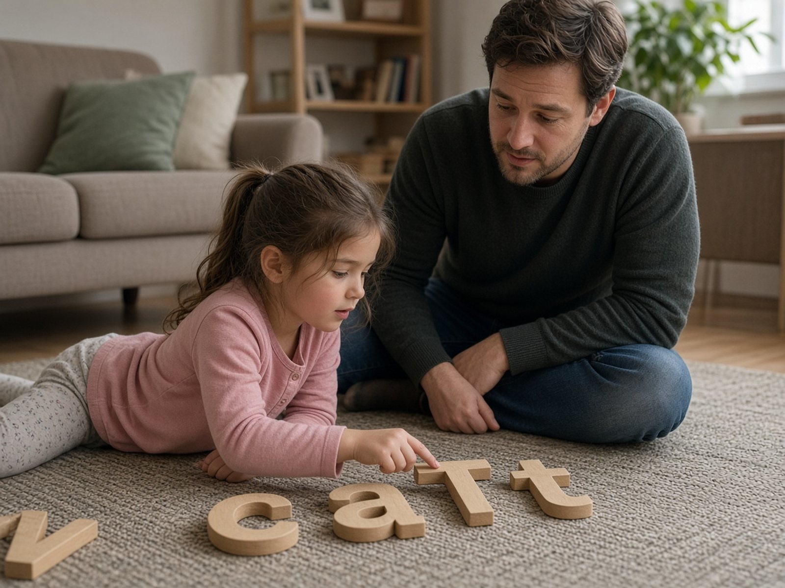 A girl traces large wooden letters with her finger on a rug while her father sits beside her, sounding out a word with her