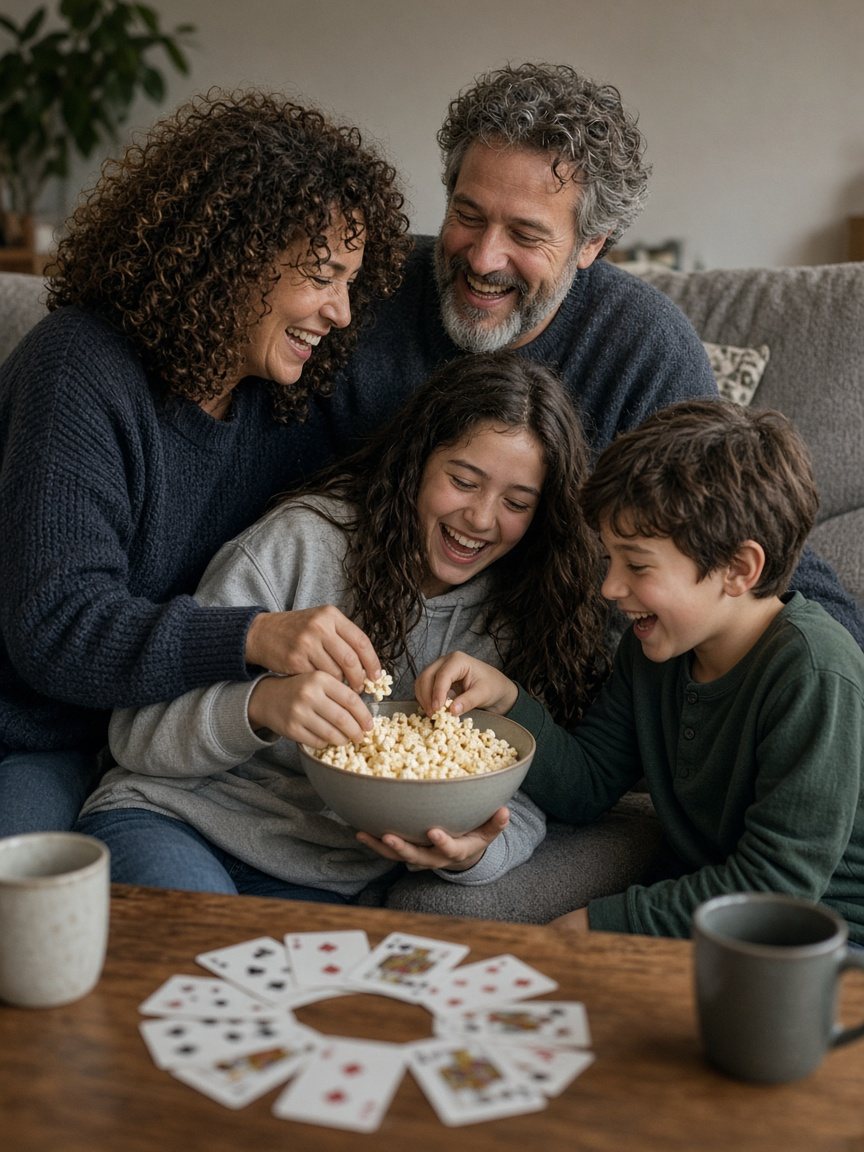 A blended family laughs together on the sofa