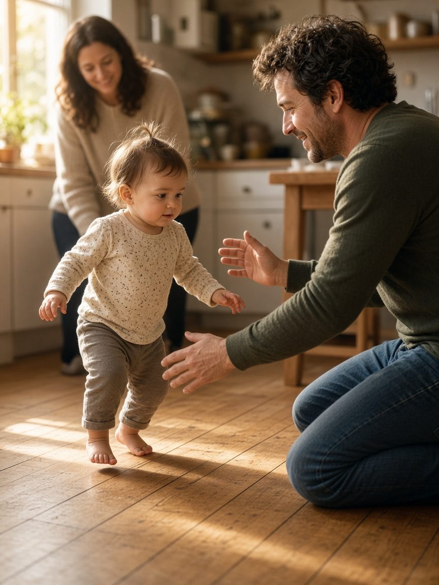 A toddler takes first steps toward her father